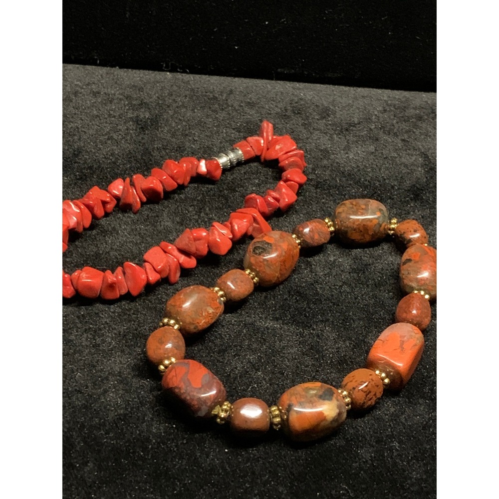 Red Jasper Barrel and Coral Chip Beaded Stretch Bracelet Set Gold Tone Spacers
